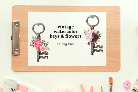 17 Antique Keys with Watercolor Flowers