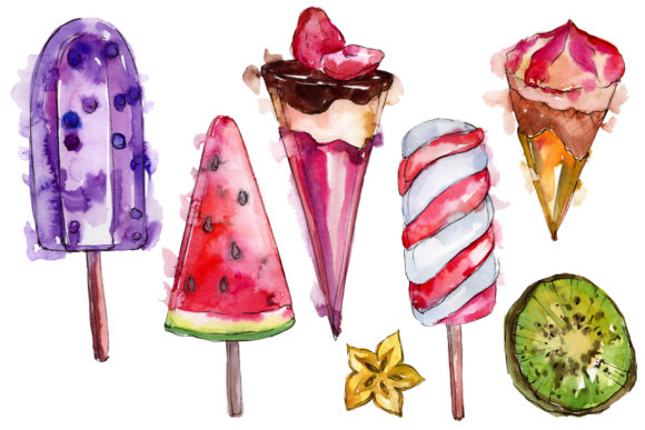 Dessert Ice Cream Fruit Watercolor Illustrations