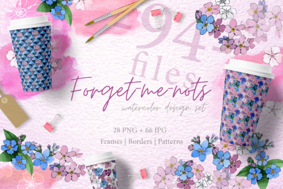 Forget-me-nots Flowers Watercolor Set & Illustrations
