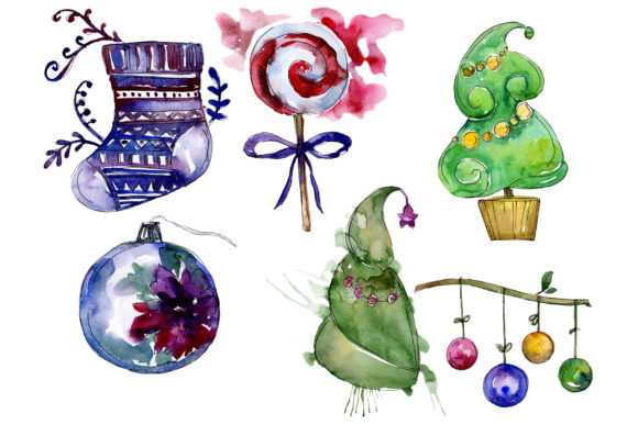 New Year Decoration Watercolor Set Illustrations
