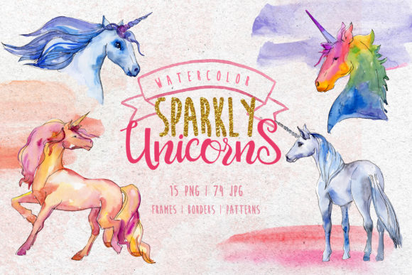 Watercolor Sparkly Unicorns Set Illustrations